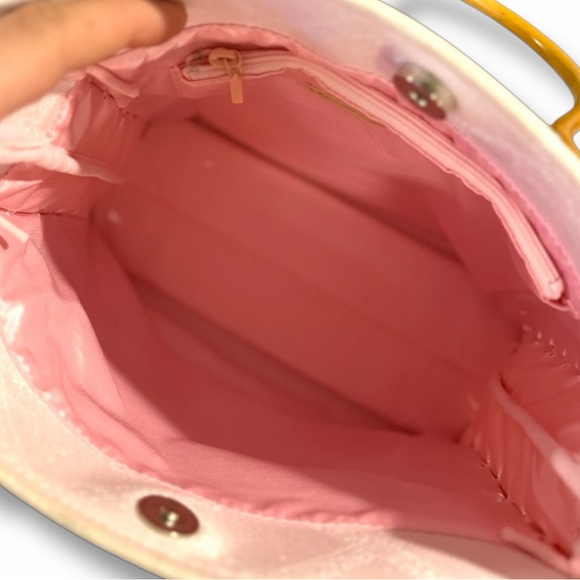 Samantha Thavasa Pink Logo Jacquard Bamboo Handle Tote Bag Whipstitch - Picture 2 of 5